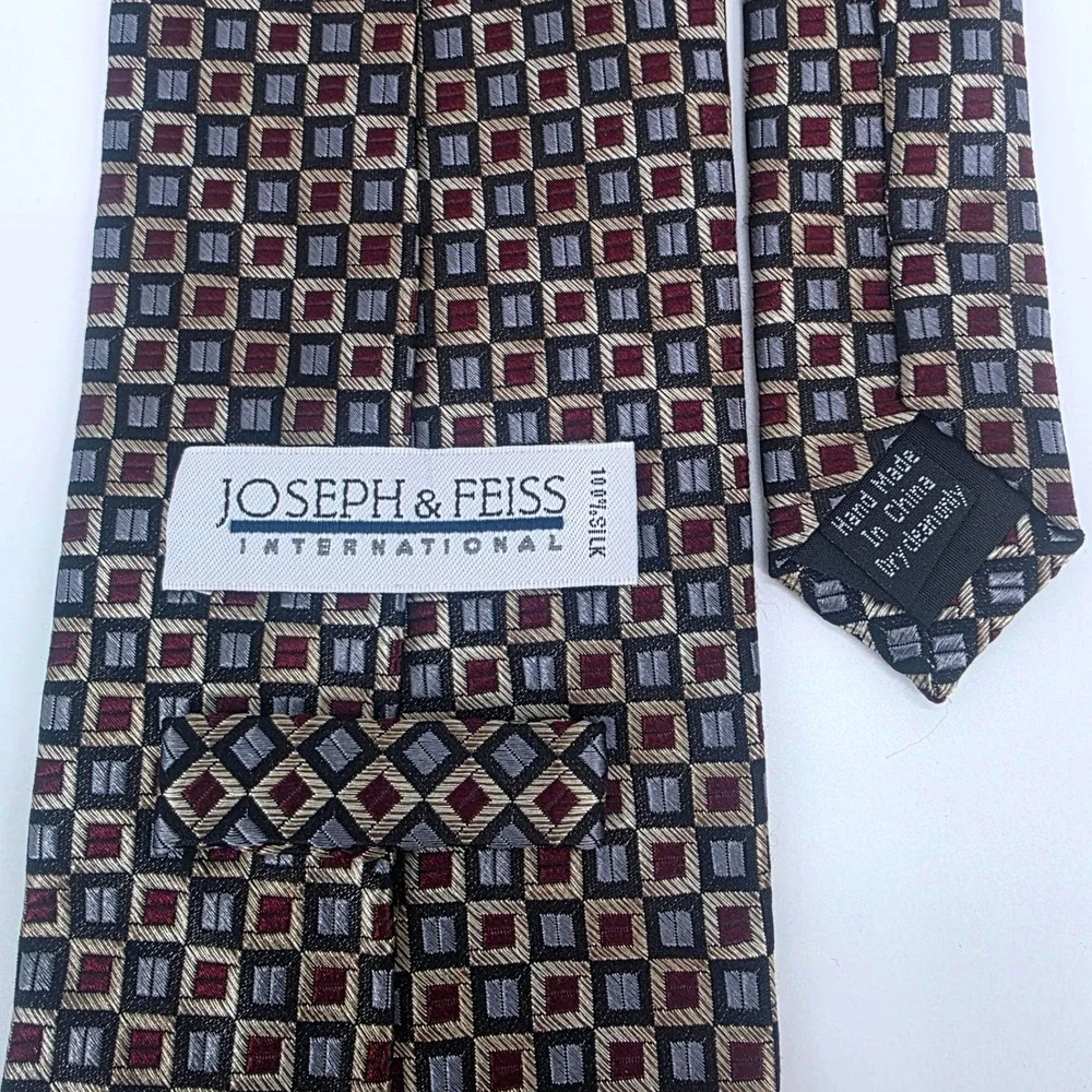 Joseph & Feiss Men Silk Tie Burgundy Grey Gold Geometric Square Pattern Handmade